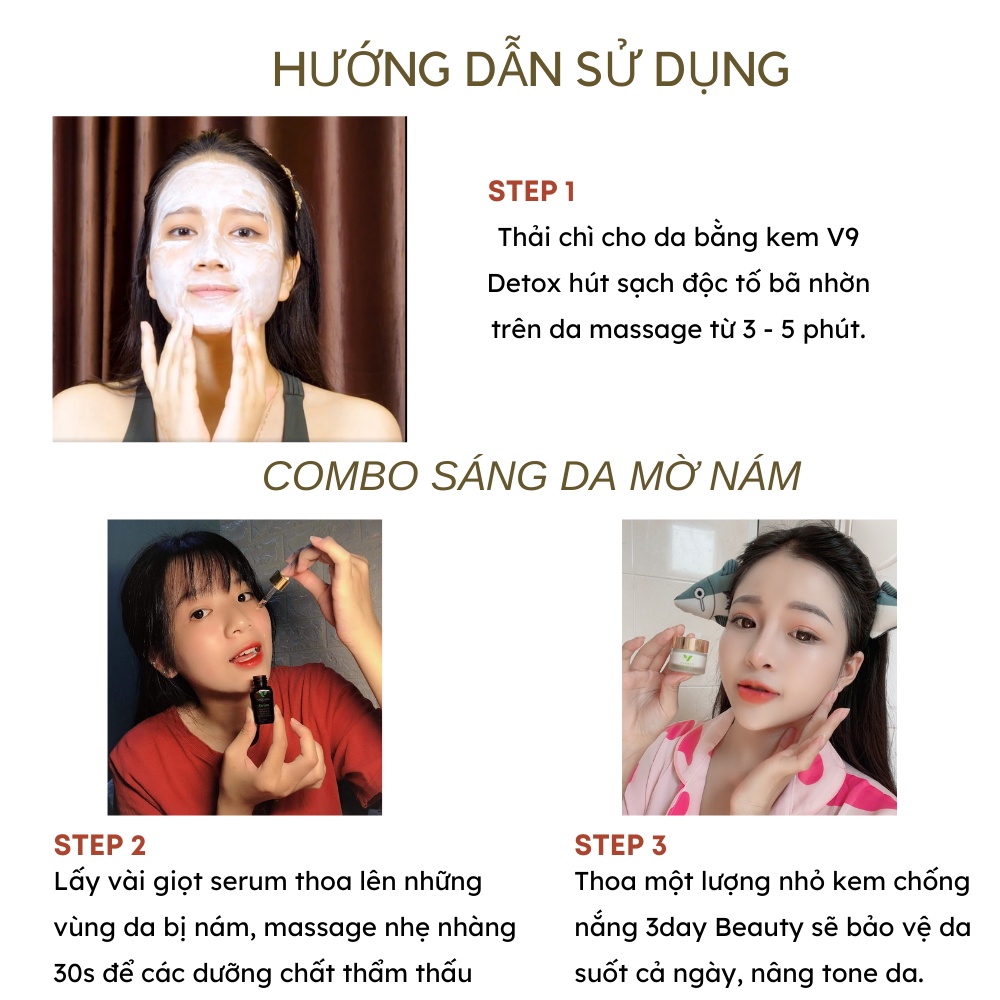 [COMBO] Kem Nám Tàn Nhang V9Queen, Bộ Sản Phẩm Chăm Sóc Da V9 Detox 30ml, 9Day Revival 10ml, 3Day Beauty 10g