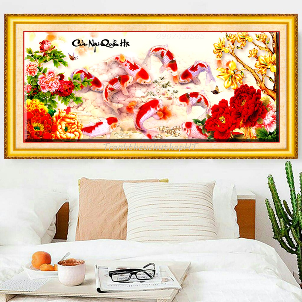 Tranh thêu chữ thập cá cửu ngư quần hội KT:127x55cm,Tranh chưa thêu.Tặng kéo và xỏ chỉ.