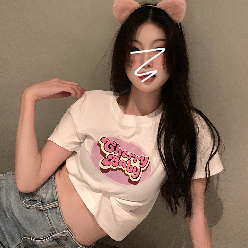 Áo Thun Croptop Tay Ngắn Cổ Tròn In Họa Tiết Ngọt Ngào Phong Cách Hàn Quốc Thời Trang Mùa Hè Cho Nữ