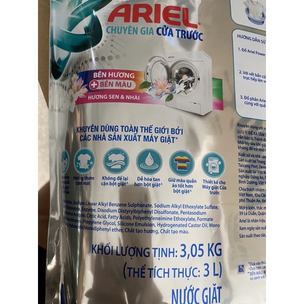 Nước giặt ariel túi 3,05kg bền mầu hương sen và nhài ( cửa trước)
