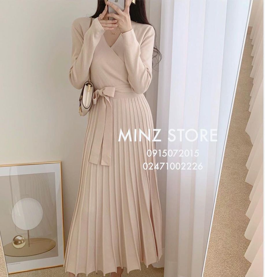 Váy len cổ tim chân dập ly buộc nơ #038 (4 màu)