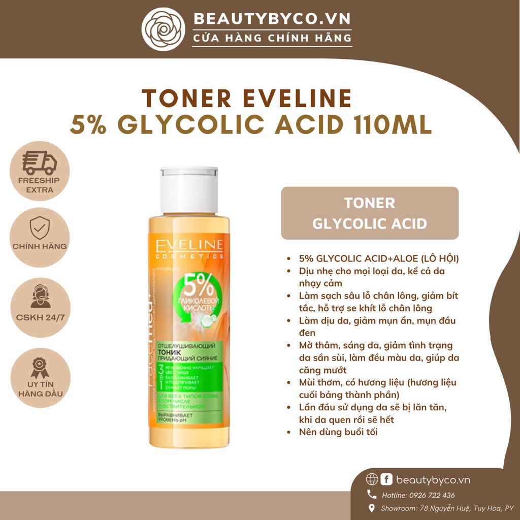 Toner Eveline 5% Glycolic acid - Glycol Therapy làm căng bóng da, mờ thâm mụn