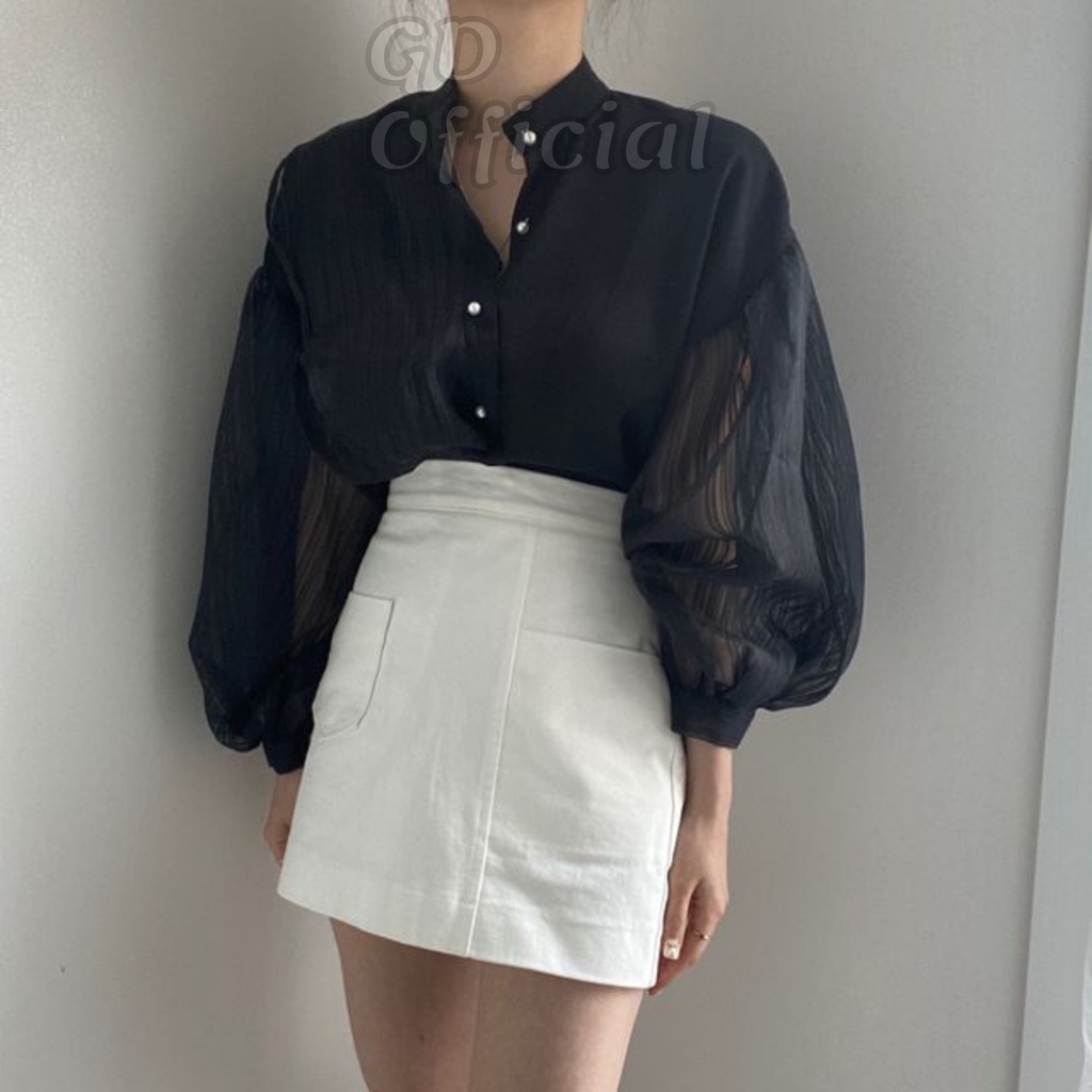 A51|Áo sơ mi công sở hàn quốc cổ tròn chất lưới mỏng màu trắng, đen gd_order