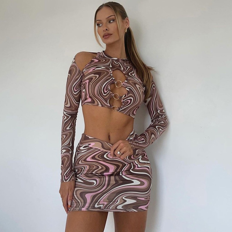 Brroa Set Áo Croptop Dài Tay 2 Dây + Chân Váy Bút Chì Mini Thời Trang Nữ
