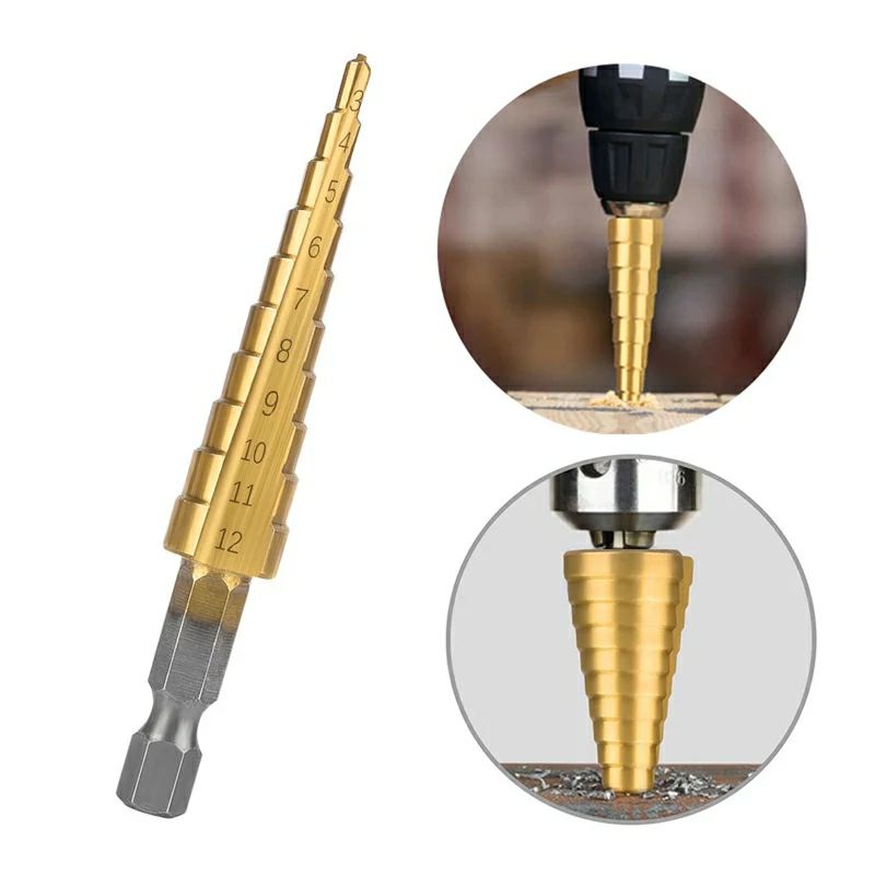 Mũi khoan tháp xoắn, khoan nón xoắn, Hss (4mm-22mm) chuôi lục giác khoan lỗ cho thợ điện, thợ cơ khí, thợ mộc