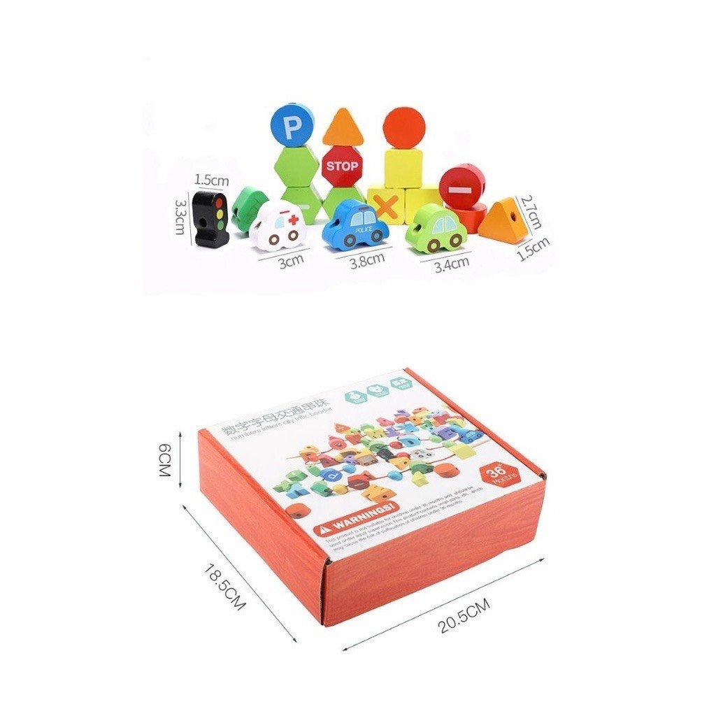 Xâu luồn hạt chữ số kèm phương tiện giao thông bằng gỗ chất liệu đẹp an toàn cho bé từ 3-6 tuổi