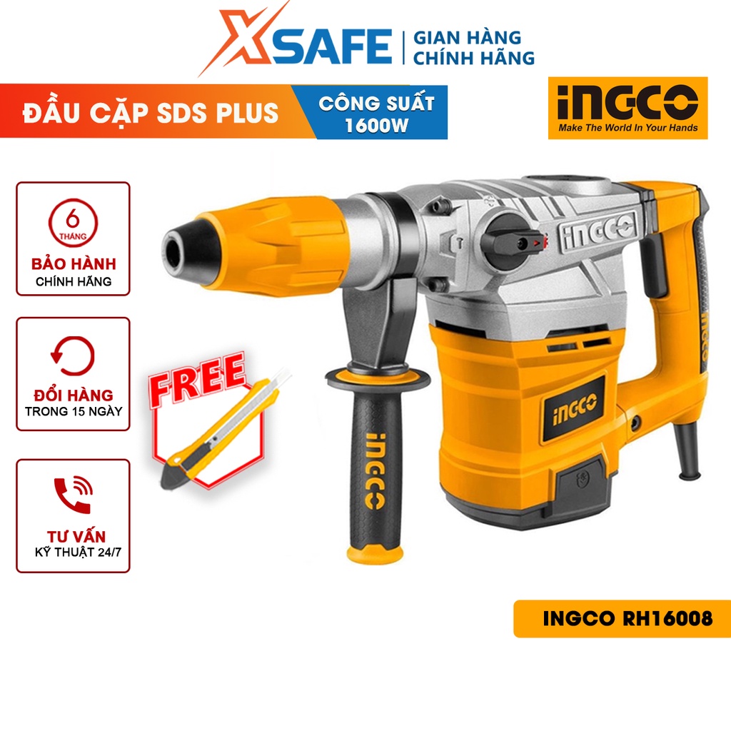 Máy khoan đục 1600W INGCO RH16008 kèm 2 mũi khoan gài, 2 mũi đục tốc độ không tải 550 vòng/phút