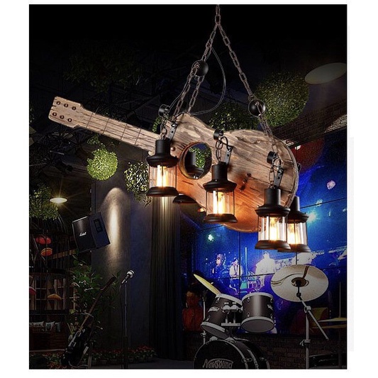Đèn chùm gỗ hình đàn guitar nghệ thuật decor quán bar, nhà hàng ,nhà cửa phong cách hoài cổ, bụi bậm cá tính