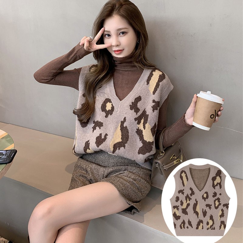 Áo sweater không tay họa tiết da báo thời trang dành cho nữ
