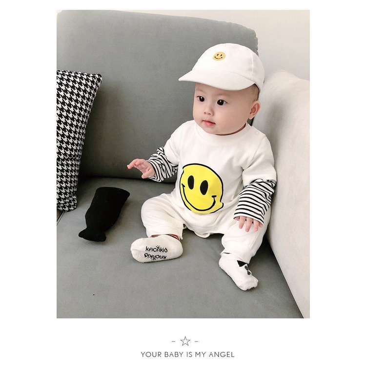 Bộ áo liền quần dài tay in hình mặt cười thời trang Hàn Quốc cho bé sơ sinh