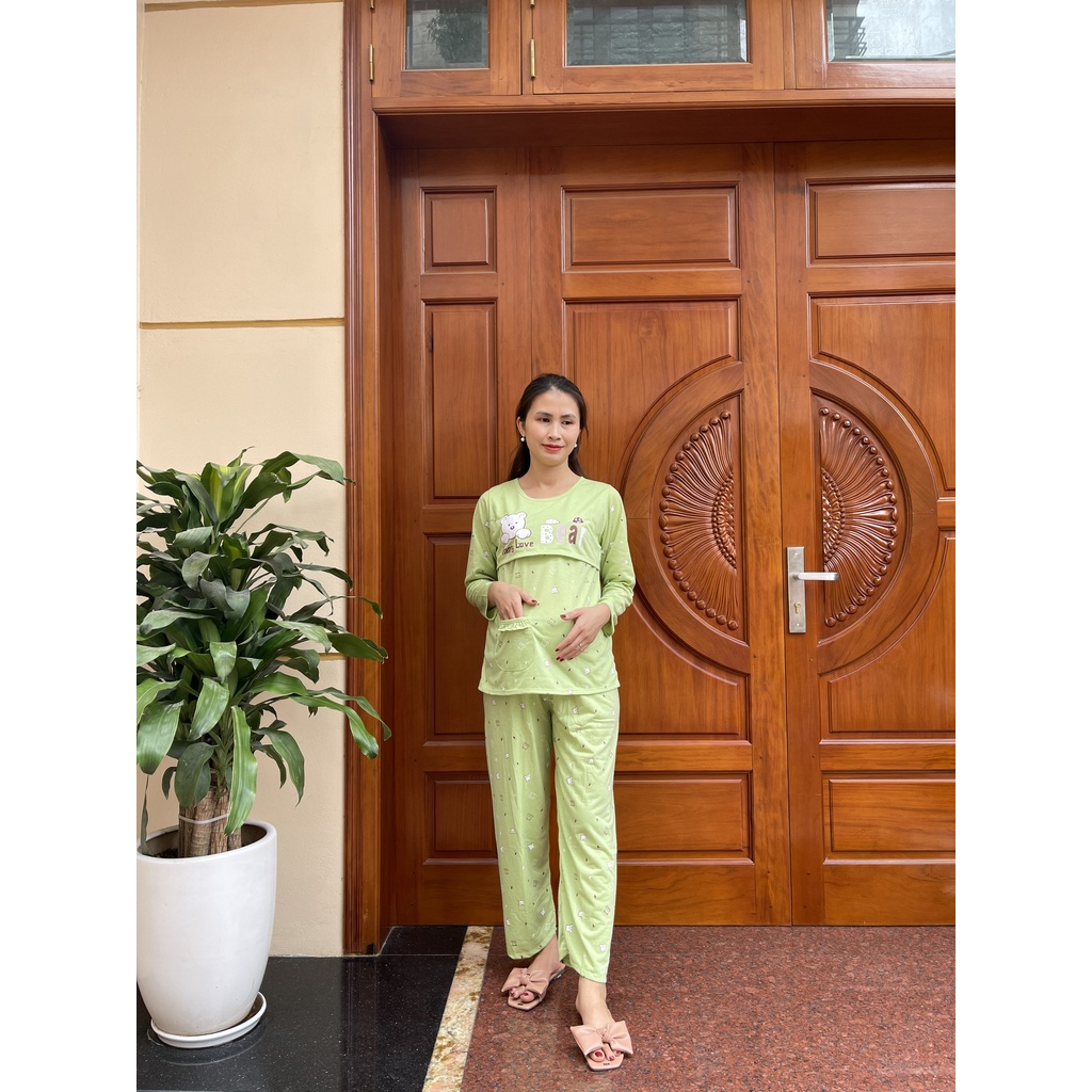 Đồ bộ bầu và sau sinh dài Tay BIG SIZE GẤU vén ngực mặc nhà và cho con bú chất coton đẹp