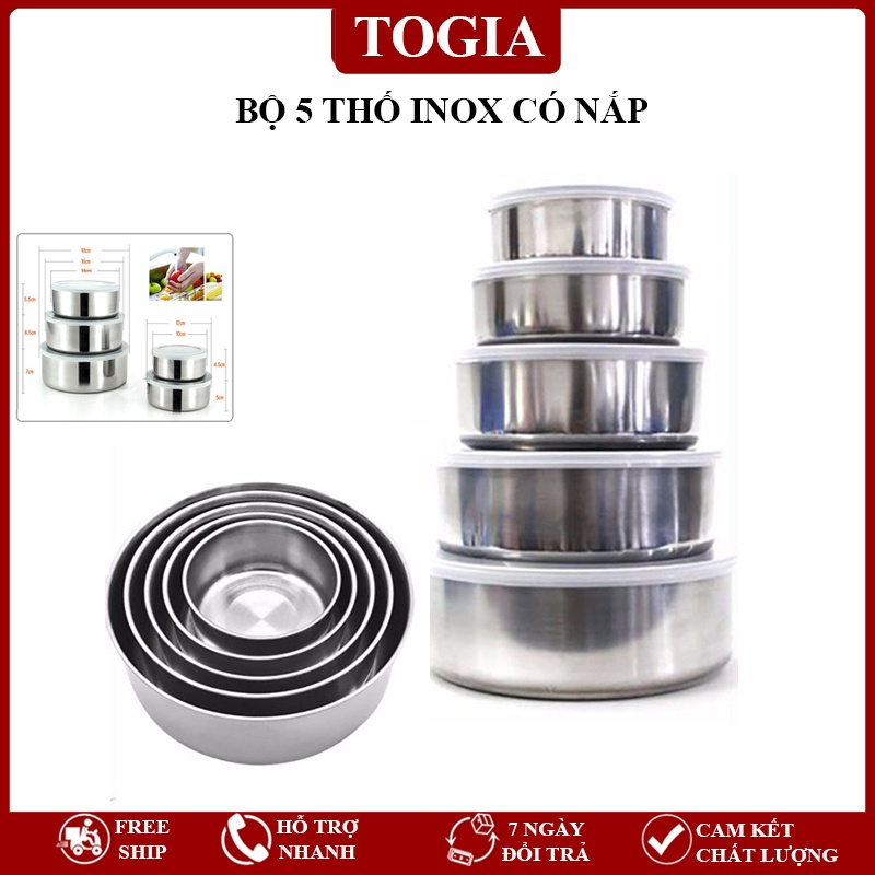 Bộ 5 Thố Inox - Bộ Bát Inox Cao Cấp Có Nắp Đậy Bảo Quản Đồ Ăn, Thực Phẩm Sạch Sẽ Tiện Lợi