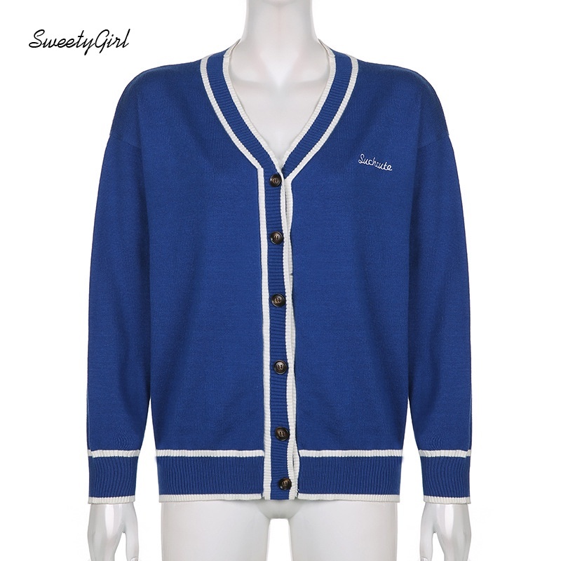 Áo cardigan dệt kim tay dài cổ chữ V thêu chữ thời trang cho nữ