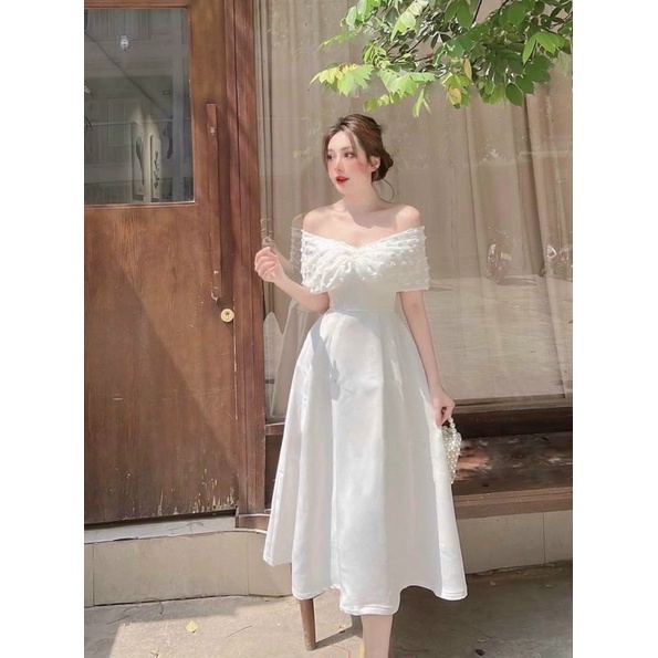Váy Nữ Trễ Rớt Vai Nhíu Ngực Dáng Xoè Dài Chất Tuyết Thái Phối Voan Bi Size S M L V248 Màu Trắng Đen AĐ BOUTIQUE