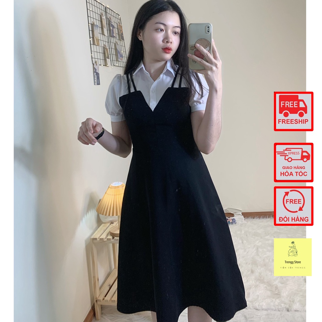 Váy dài phối đen trắng dáng xoè tay bồng đủ size từ S đến XL - V126 - Trenggstore