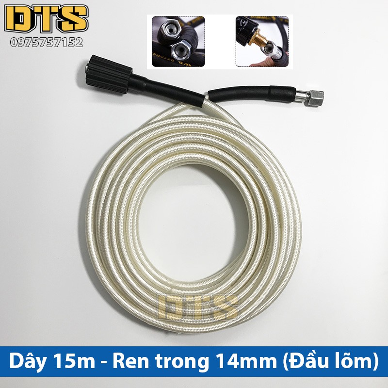 15m Dây rửa xe cao áp cho máy xịt rửa áp lực - Ren trong 14mm_Đầu lõm