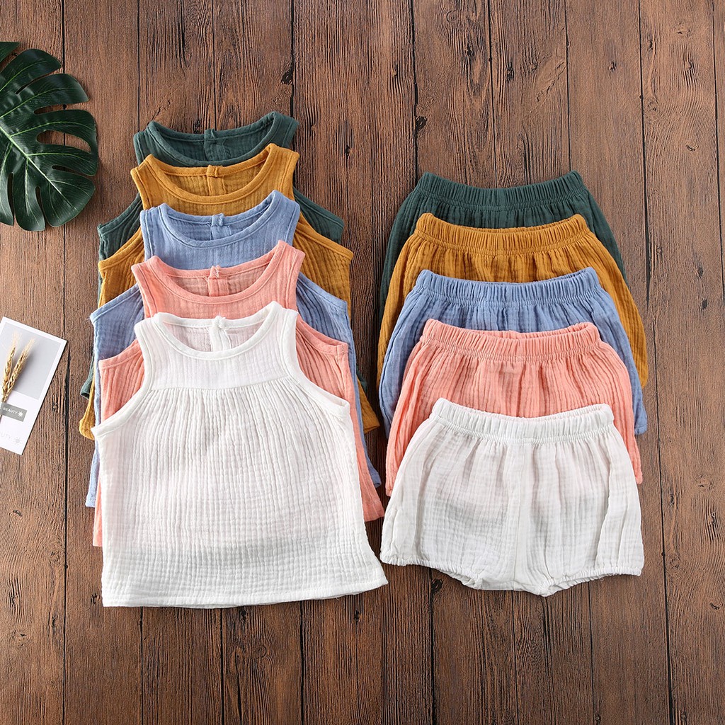 Bộ Áo Thun Không Tay Màu Trơn + Quần Short Vải Lanh Cotton Dành Cho Bé Trai Và Bé Gái