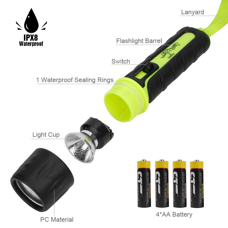 Đèn Pin Siêu Sáng Chống Thấm Nước IP68 Ánh Sáng Vàng / Trắng Chuyên Dụng Cho Đi Lặn Biển