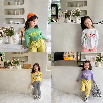 Áo thun in chữ tay dài phong cách thời trang hàn quốc cho bé gái