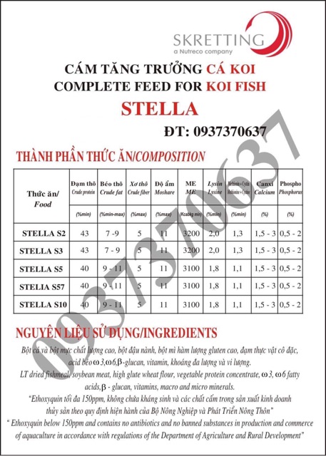 Cám Stella, cám cá vàng, cá Koi S5 -S7 - 10kg