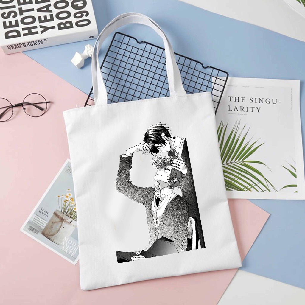 Túi tote vải đen trắng in hình Sasaki và Miyano tiện lợi anime chibi thời trang hàn quốc