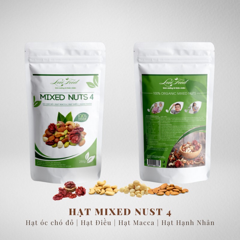 HẠT MIX NUT 4 siêu Hạt (Óc Chó Đỏ - Dẻ Cười - Macca - Điều - Hạnh Nhân).Hạt dinh dưỡng CAO CẤP Lovi Food Việt Nam