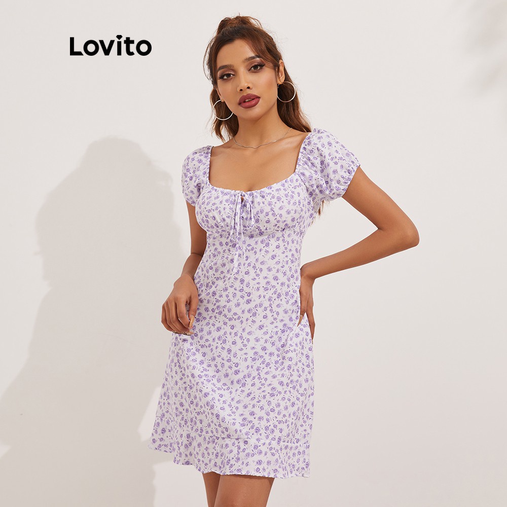 Đầm Lovito viền bèo thắt dây in hoa nhí phong cách thường ngày L13X033 (màu tím) | BigBuy360 - bigbuy360.vn