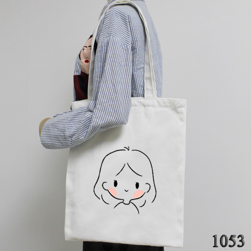 TÚI TOTE TRẮNG CHẤT VẢI CANVAS 1053 CÔ GÁI MÁ HỒNG DỄ THƯƠNG HÀNG CHUẨN ĐẸP