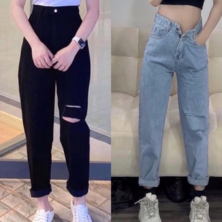 (Bigsize 55kg-88kg)  Quần Baggy Đen/Xanh Đá Rách Gối Đôi Lưng Cao Qua Rốn