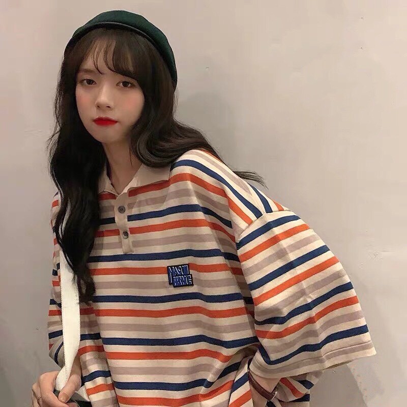 Áo Phông Polo Kẻ Sọc Hồng Unisex 🦋 Áo Thun Cổ Bẻ Tay Lỡ Dáng Rộng