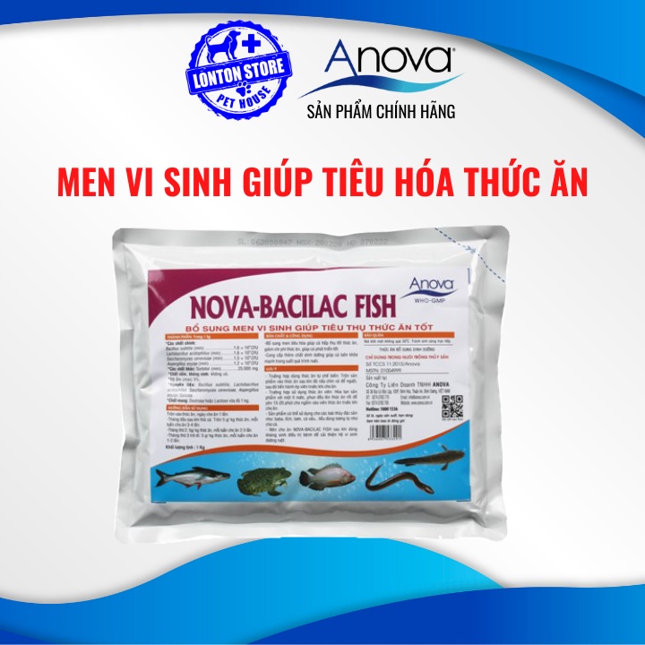 ANOVA Nova Bacilac fish-Bổ sung men tiêu hóa giúp cá hấp thụ tốt thức ăn giúp cá phát triển tốt , Gói 1kg Lonton store