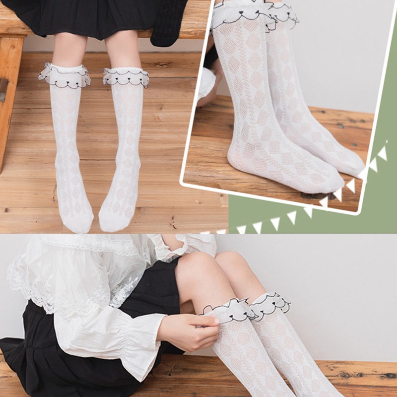 Tất Lưới Cotton Cao Qua Gối Phối Ren Đính Kim Cương Ngọt Ngào Cho Bé Gái