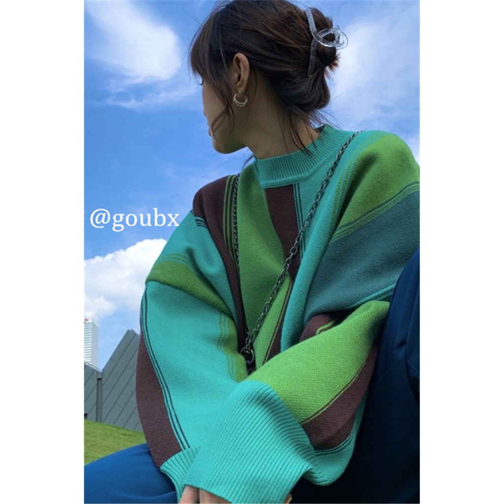 (HÀNG SẴN) Áo len nữ form rộng họa tiết kẻ sọc ô màu xanh nâu nổi bật style retro cổ điển cá tính | BigBuy360 - bigbuy360.vn