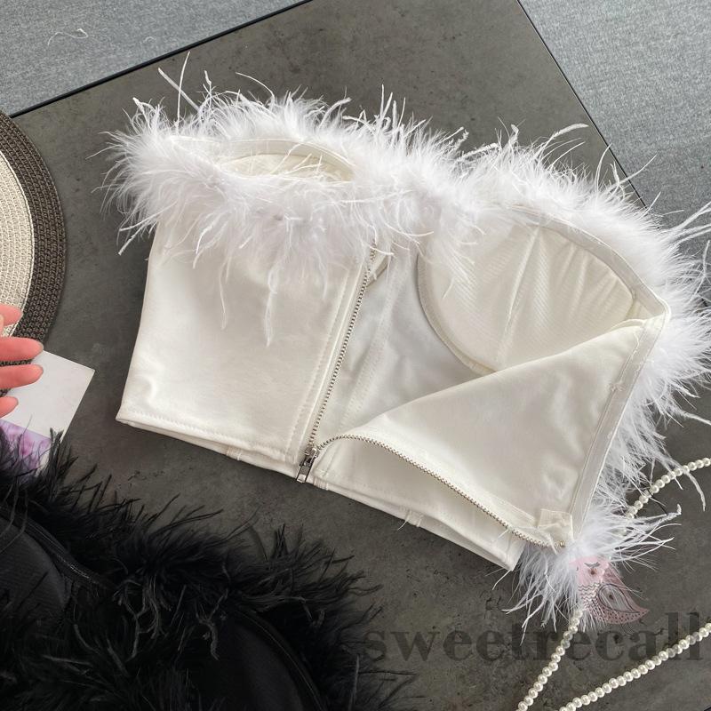 Áo Croptop Sát Nách Hở Lưng Phối Lông Có Khóa Kéo Màu Trơn Cho Nữ