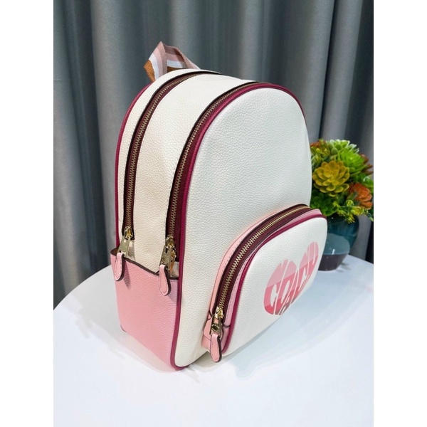 TNS-Balo nữ form vuông siêu  Court backpack--tone trắng tim hồng motif trendy