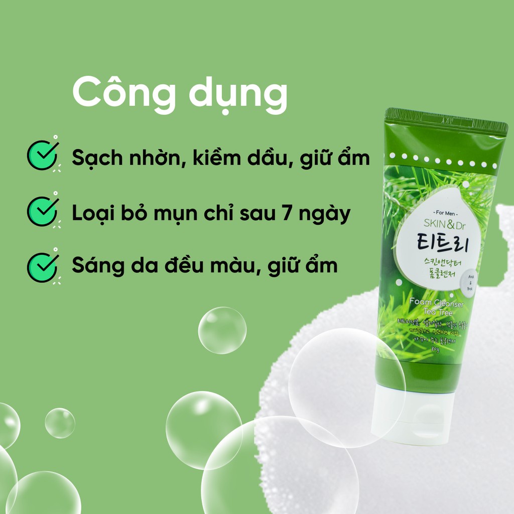 Sữa rửa mặt nam cho da mụn, da dầu, dưỡng ẩm trắng da Skin&dr Tràm trà 80g - 30Shine Official Store