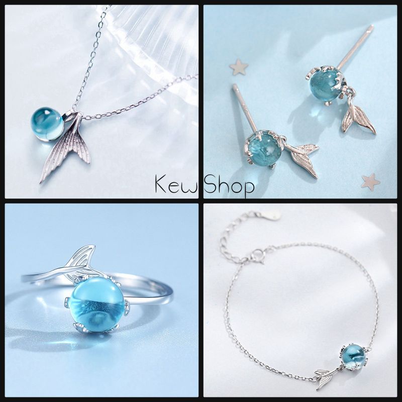 Bộ Trang Sức Tiên Cá Đại Dương Xanh (Vòng Cổ/ Lắc Tay/ Bông Tai/ Nhẫn) Ngọc Đại Dương Xanh 🌊🔱