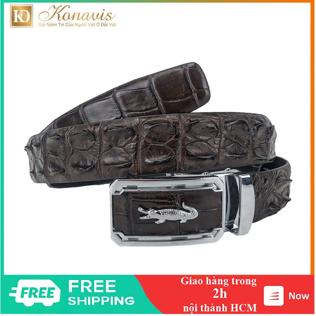 Dây nịt nam da cá sấu Konavis cao cấp bản liền 3,5cm nguyên con màu nâu làm từ gai lưng - CB01-02G