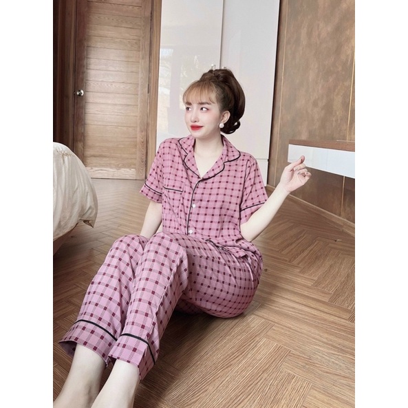Bộ pyjama lụa thypham-shop tay ngắn quần dài mặc mát
