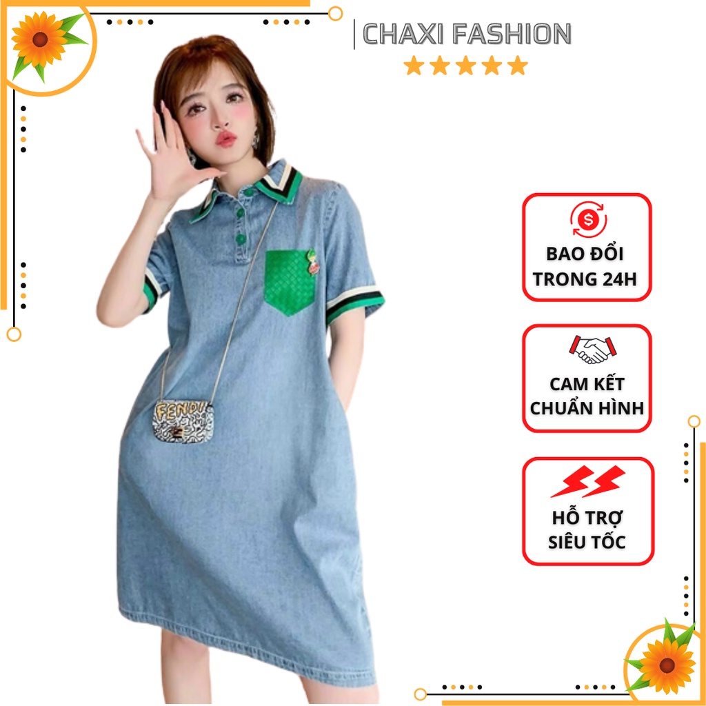 HÀNG NHẬP - ĐẦM SUÔNG JEAN PHỐI TÚI XANH CAO CẤP - KBT403415