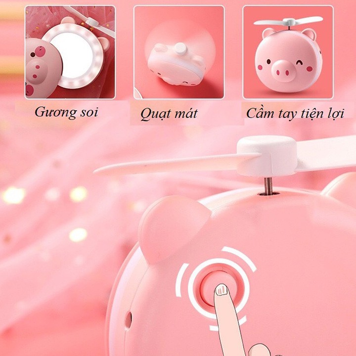 [ HÀNG MỚI VỀ ] Quạt mini kèm gương và đèn led HÌNH HEO siêu dễ thương