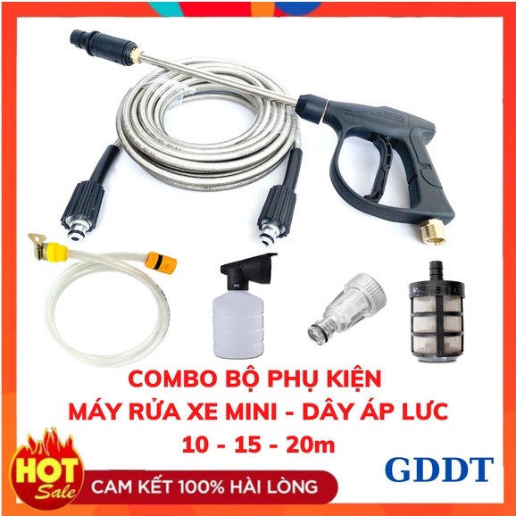 Bộ Phụ kiện máy rửa xe, Phụ kiện máy rửa xe mini, Dây áp lực 10m, 15, 20m