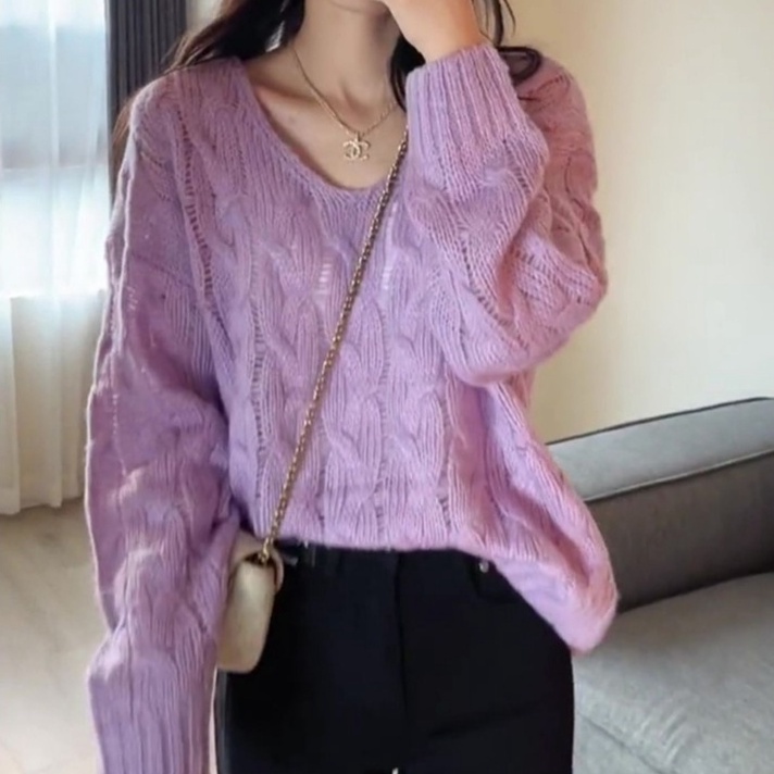 ZHELIHANGFEI Áo Len Tay Dài Cổ Chữ V Form Rộng Dễ Phối Đồ