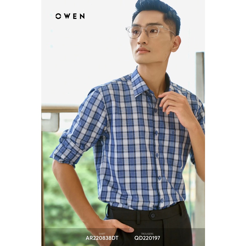 OWEN - Áo Sơ mi dài tay Owen Regular fit chất sợi tre kẻ ca rô xanh đậm 220838