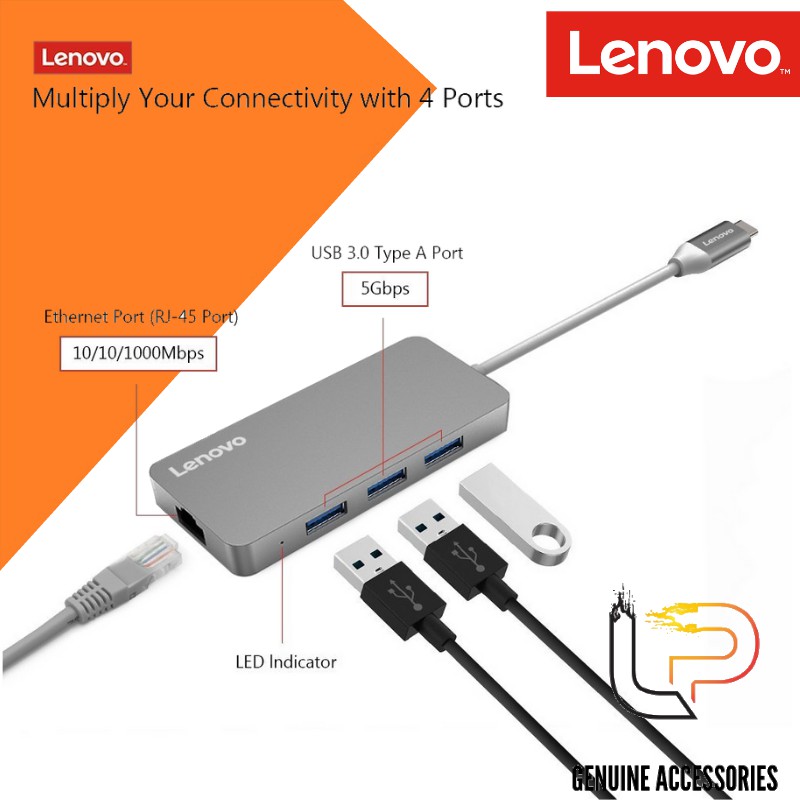 MULTIPORT HUB TYPE-C RA 3 USB 3.0 + LAN LENOVO (C506GY) - HUB CHUYỂN TYPE-C RA 3 USB 3.0 + LAN LENOVO (C506GY)