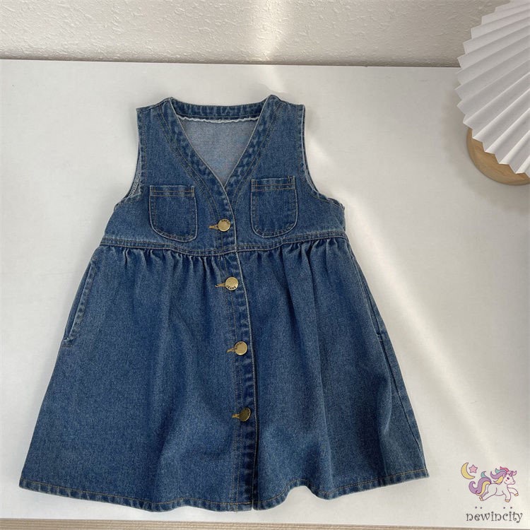 Đầm Denim Sát Nách Phối Túi Phong Cách Retro Hàn Quốc Cho Bé Gái