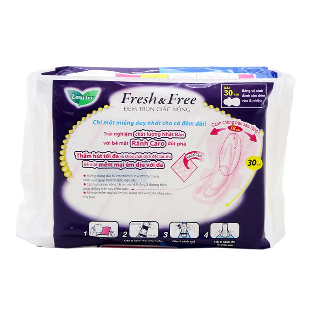 Băng vệ sinh Laurier Fresh &amp; Free Đêm Siêu Chống Tràn 30cm 4M