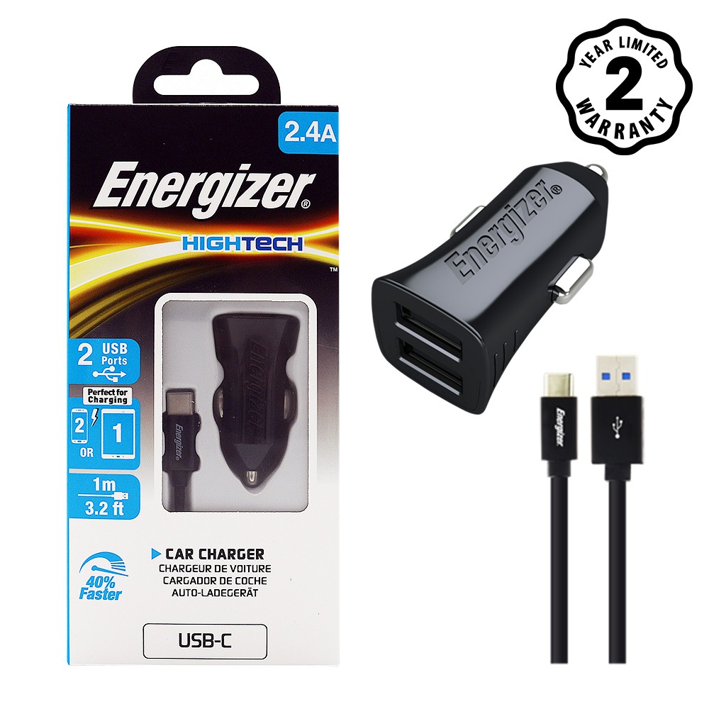 Sạc ô-tô Energizer 2.4A 2USB màu đen kèm cáp USB-C2.0 - DCA2BHC23