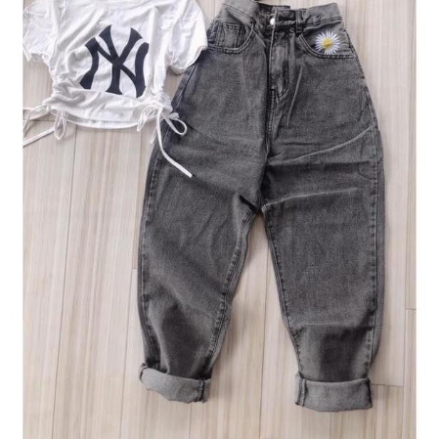 Quần baggy jean nữ thêu đáp hoa cúc chất vải đẹp F09