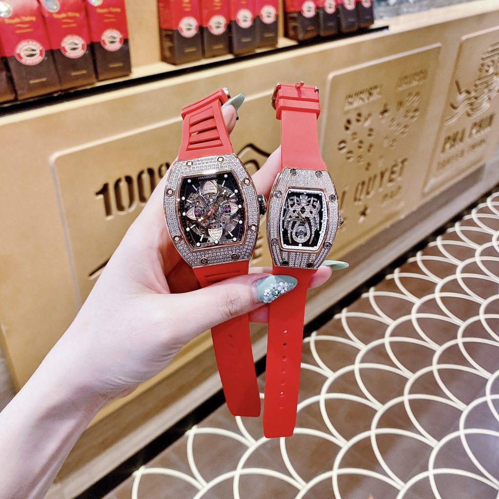 Đồng Hồ Nam Nữ Hanboro Nam Máy Automatic, Nữ Máy Pin , Dây Cao Su Màu Đỏ , Size 36mm/48mm fullbox